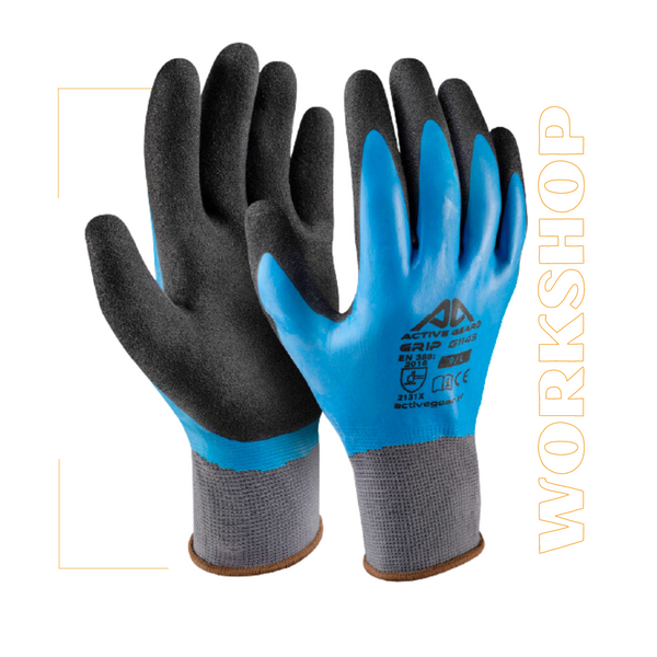 Gants active grip polyester latex lisse bleu + latex sable noir